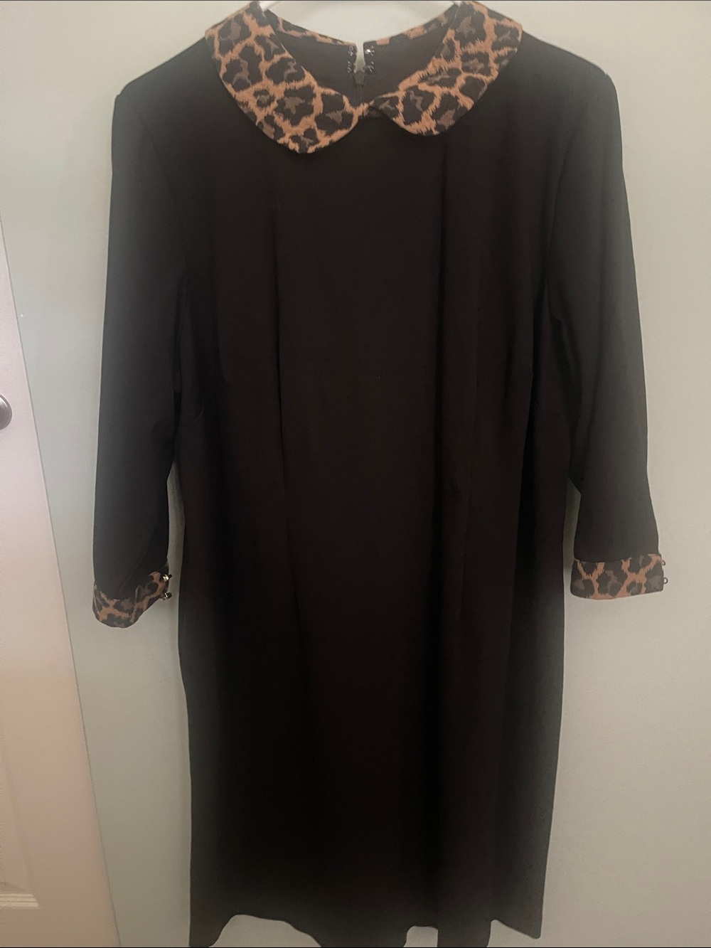 Talbots Black Long-Sleeve Dress with Leopard Print Collar & Cuffs 16WP
